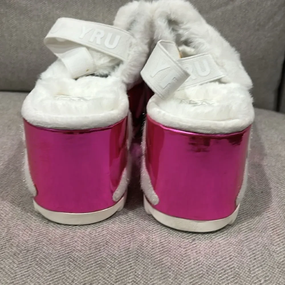 YRU Dolls Kill Qozii Faux White Fur Platform Cloud Pink Iridescent Sandals